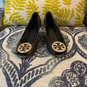 Tory Burch Navy Peeptoe Wedges